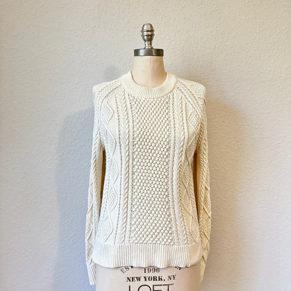 J.CREW Sweater Cream Crew Neck Pullover Cotton Cable Knit Fisherman